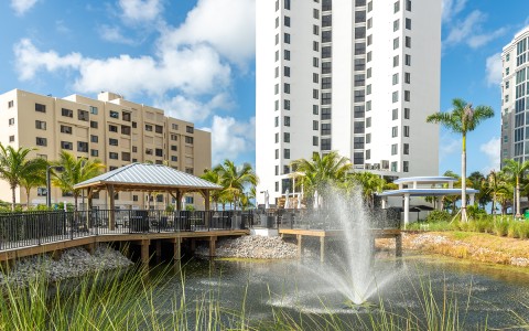 a water fountain in front of a building