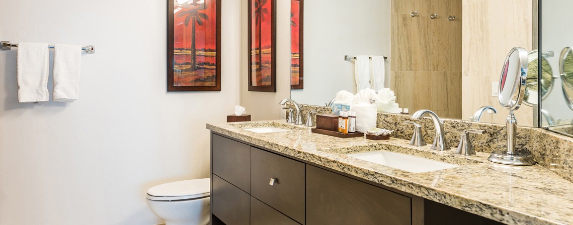 a bathroom with a marble countertop and a toilet