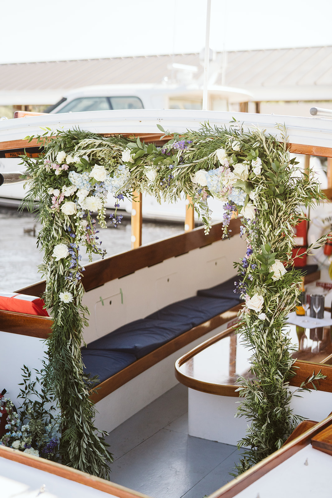 a flower arrangement on a boat