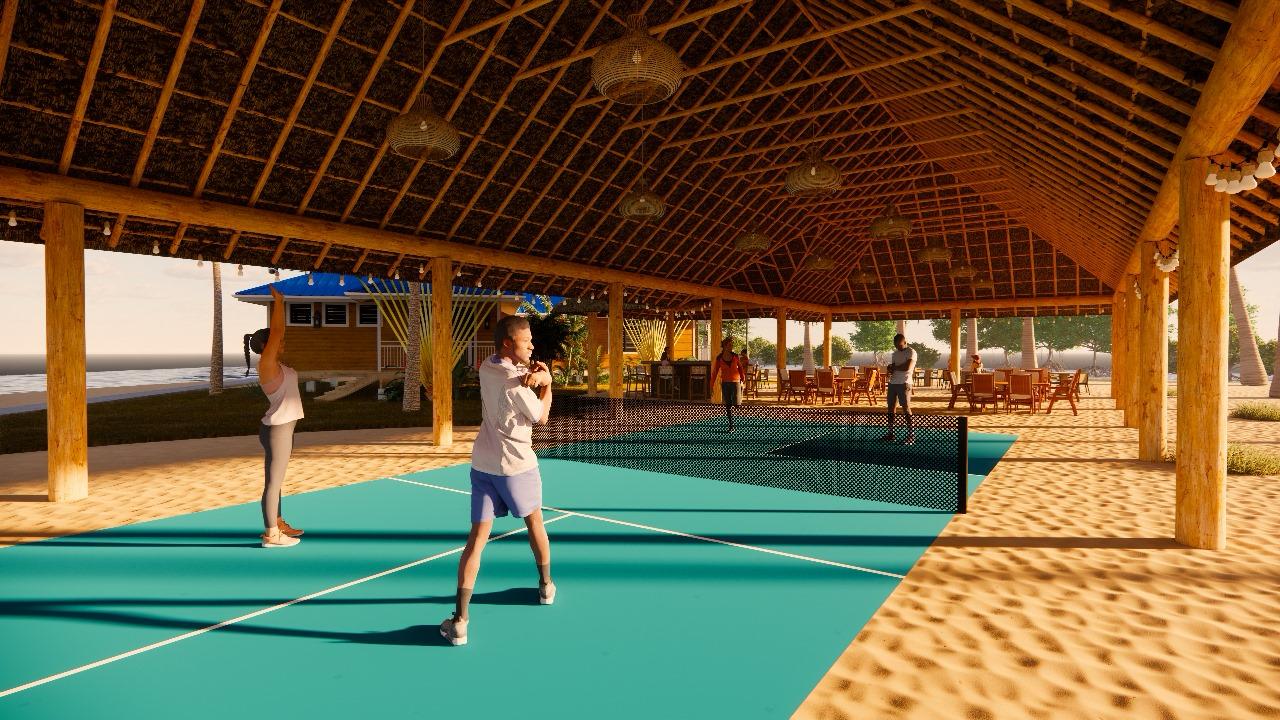 a group of people playing tennis under a roof