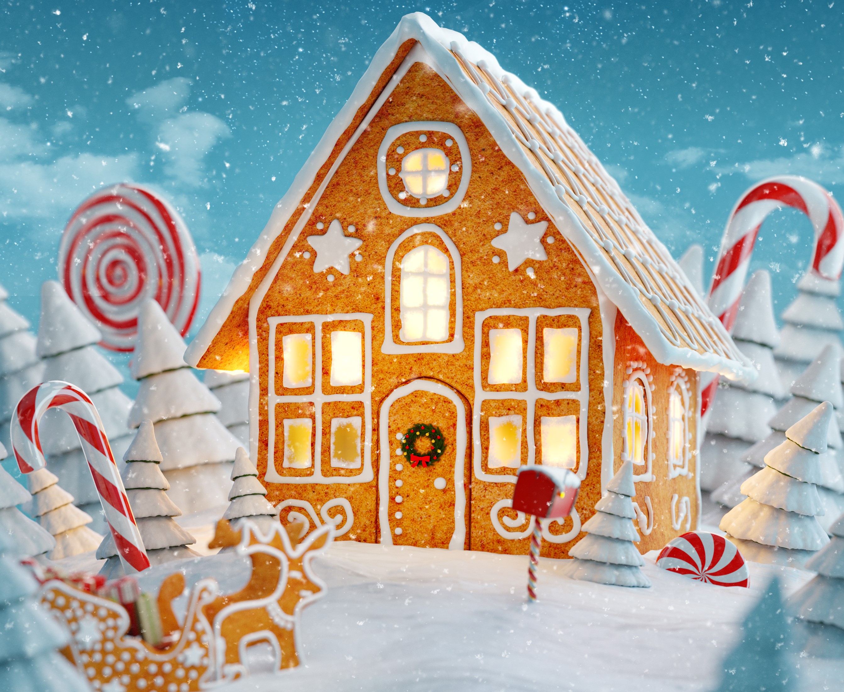 a gingerbread house in the snow