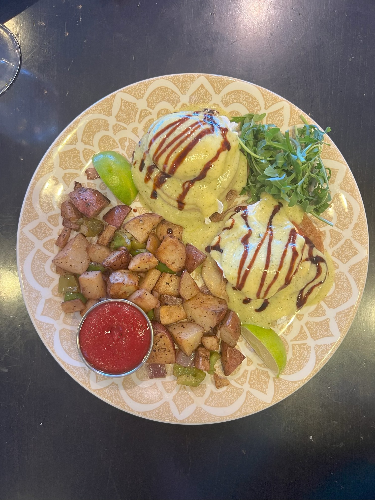 a plate of food with sauce and sauce