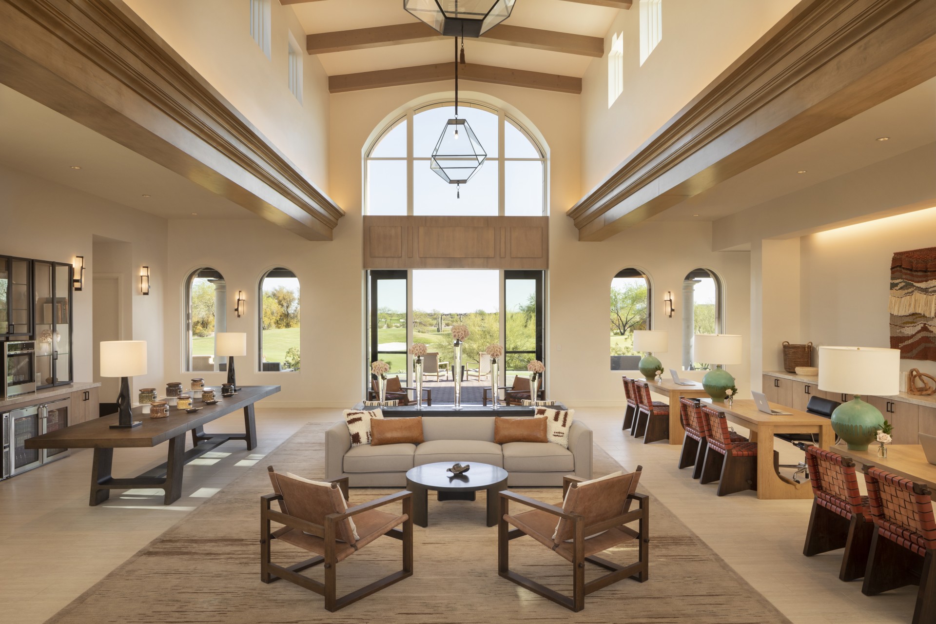 a large room with a large table and chairs