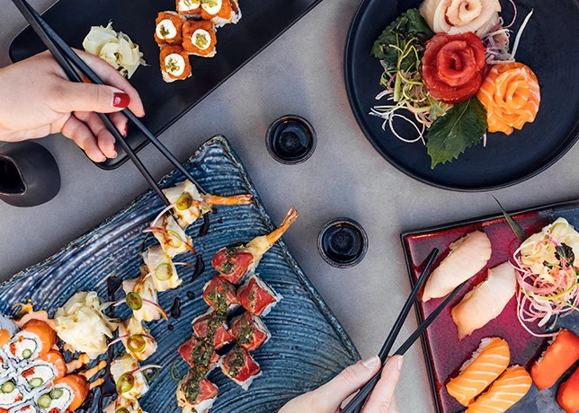 top view of sushi plates 