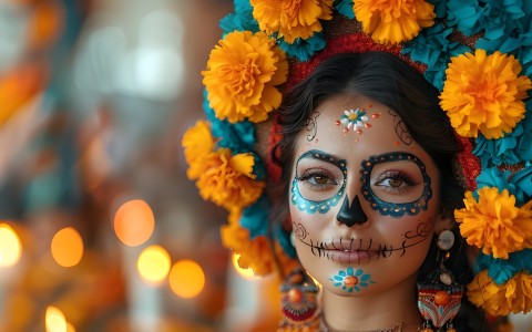 a woman with face paint and flowers on her head for day of the dead festival
