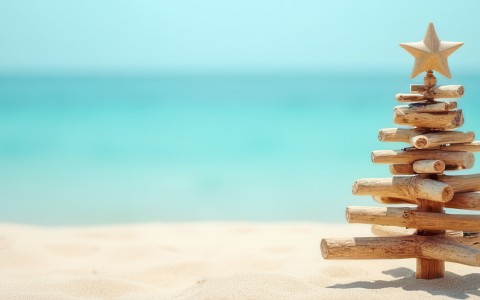 wooden christmas tree on the beach