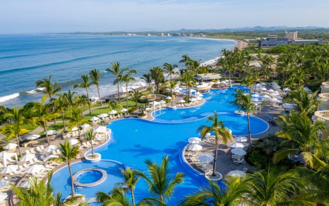 a swimming pool with palm trees and a beach
