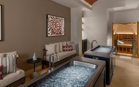 a room with two sinks and a couch