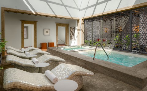 a pool with chairs and a large window