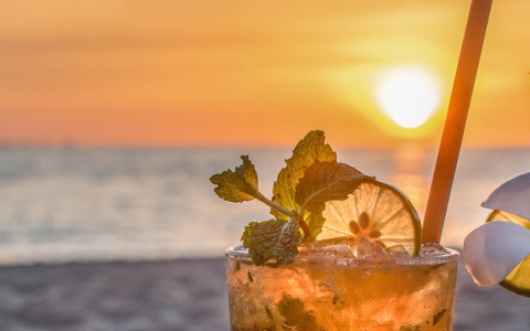 a drink with a lemon and mint in front of the sunset