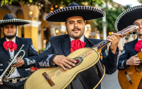 a man wearing a sombrero playing a guitar