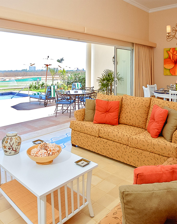 a living room with a large window