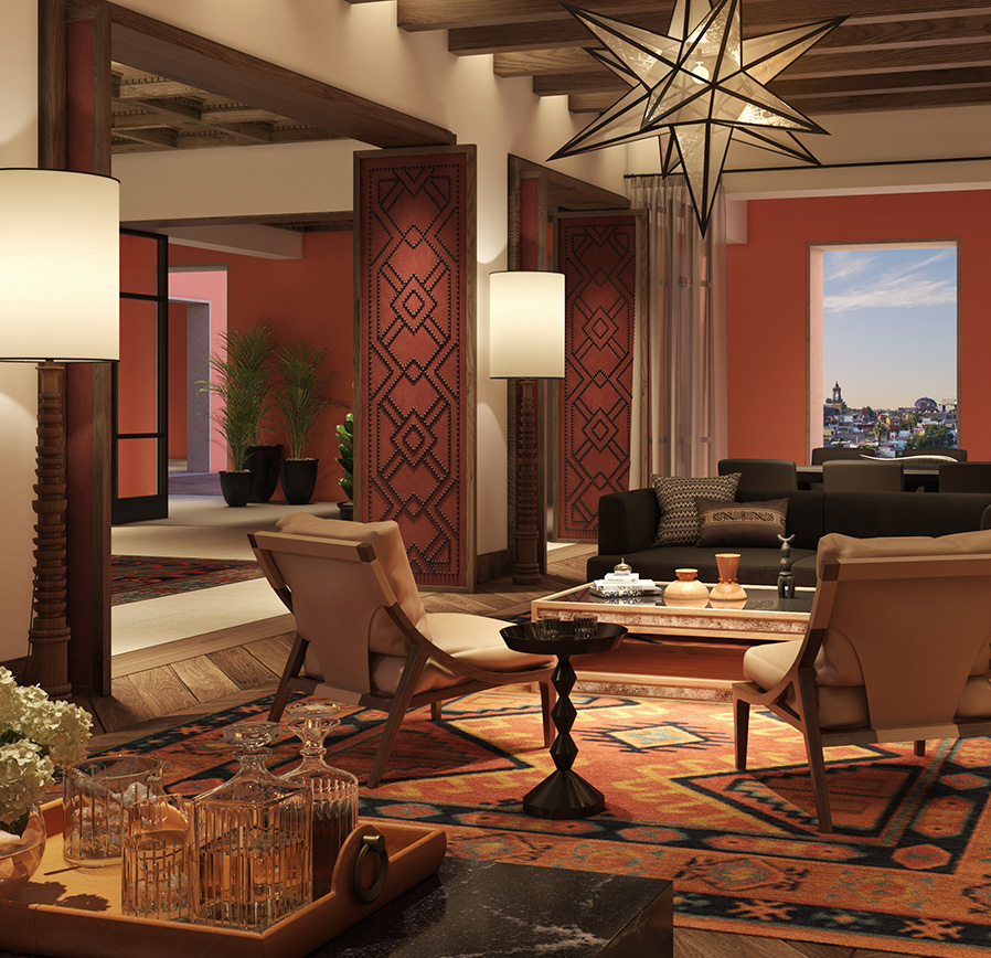 a living room with a chandelier and chairs