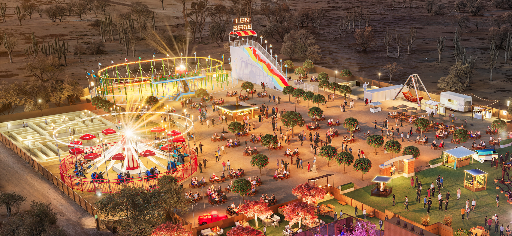 an amusement park with a slide and people Preview