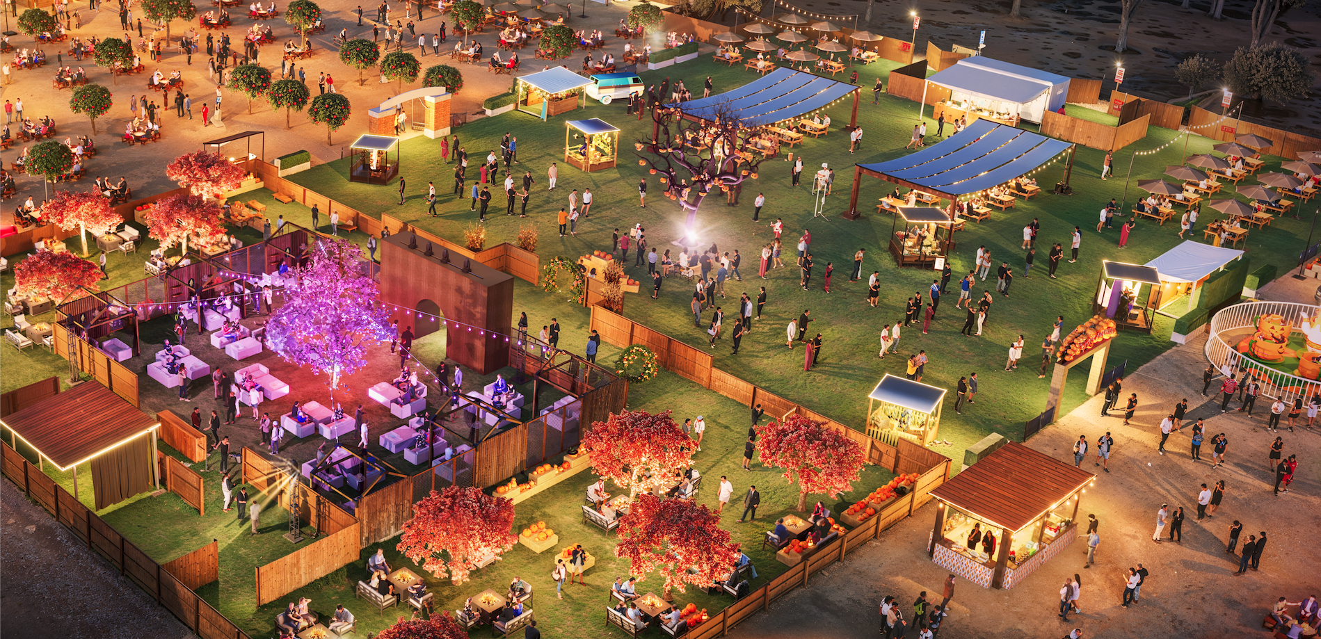 aerial view of a large area with tents and people Preview