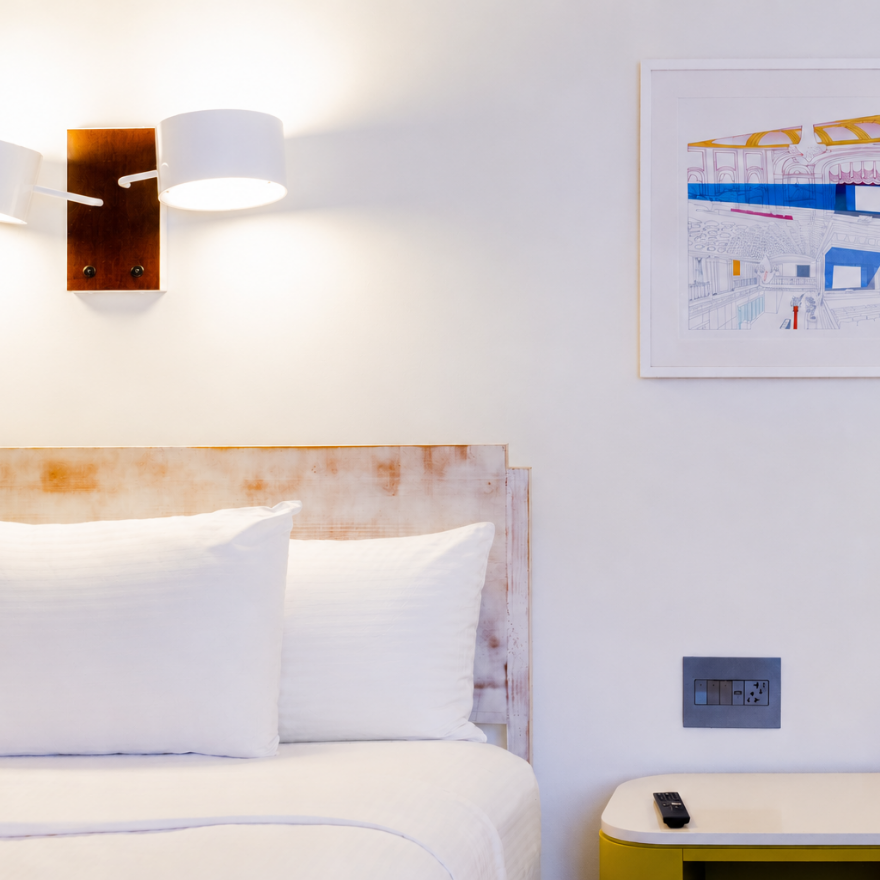 a bed with pillows and a lamp on the wall
