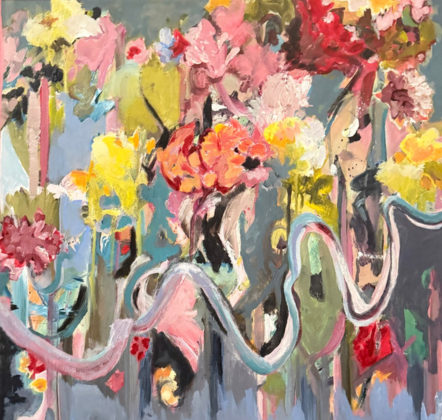a painting of flowers and ribbons