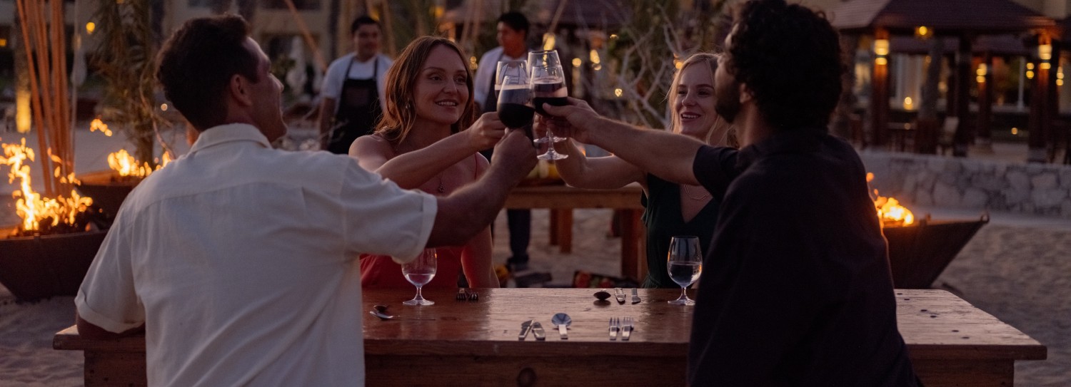 a group of people clinking glasses at a picnic table