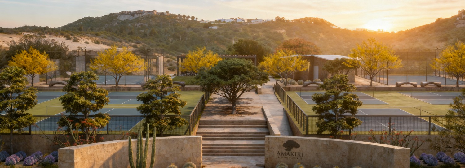 a tennis court with a tree and a stone wall