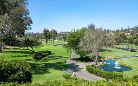 a golf course with a pond and trees