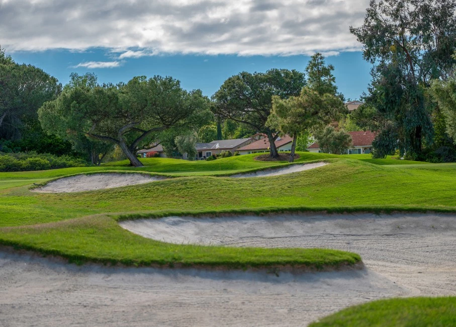 closer look at the golf course behind a neighborhood