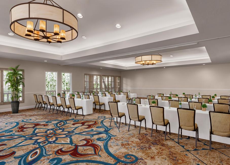 a room with tables and chairs