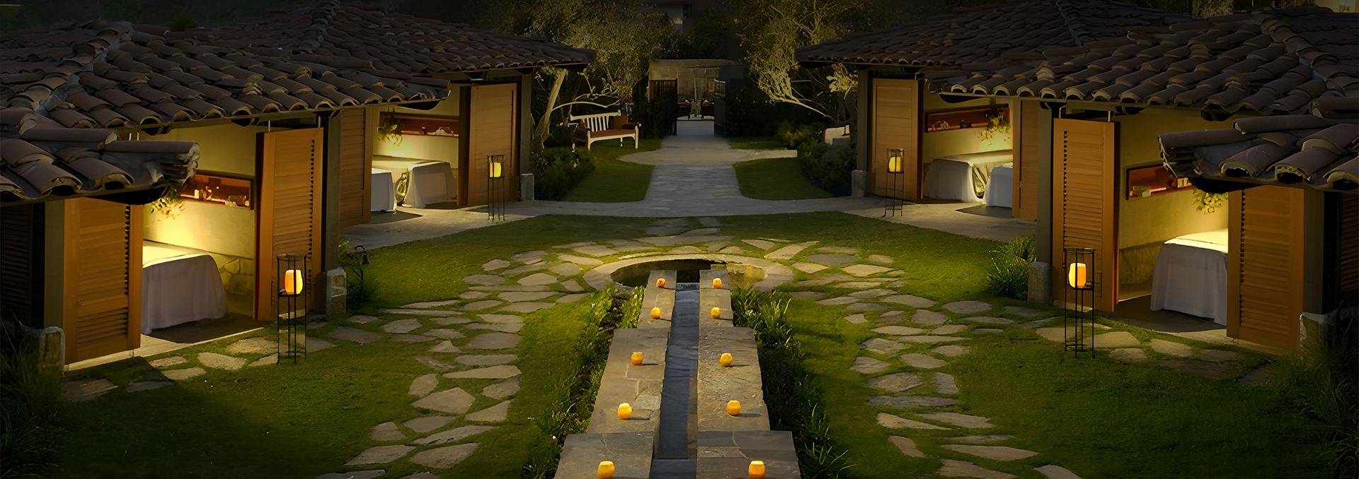 a walkway with a path and a stone path with a path and a walkway with lights