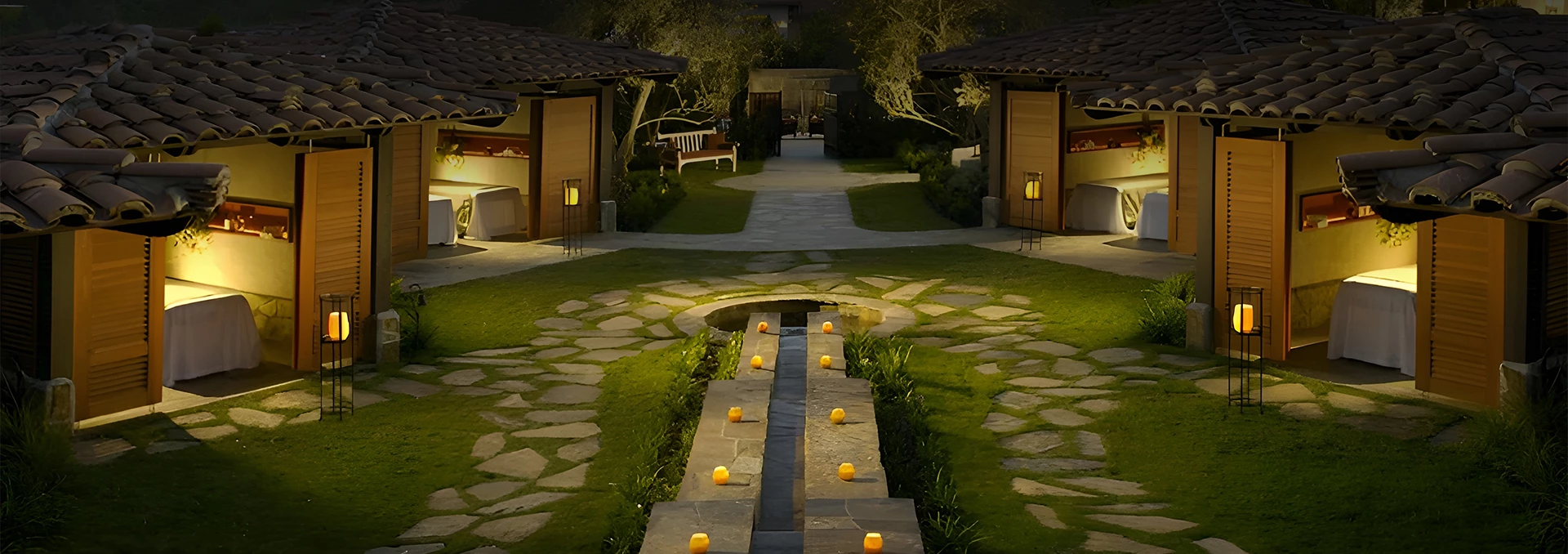 a walkway with a path and a stone path with a path and a walkway with lights