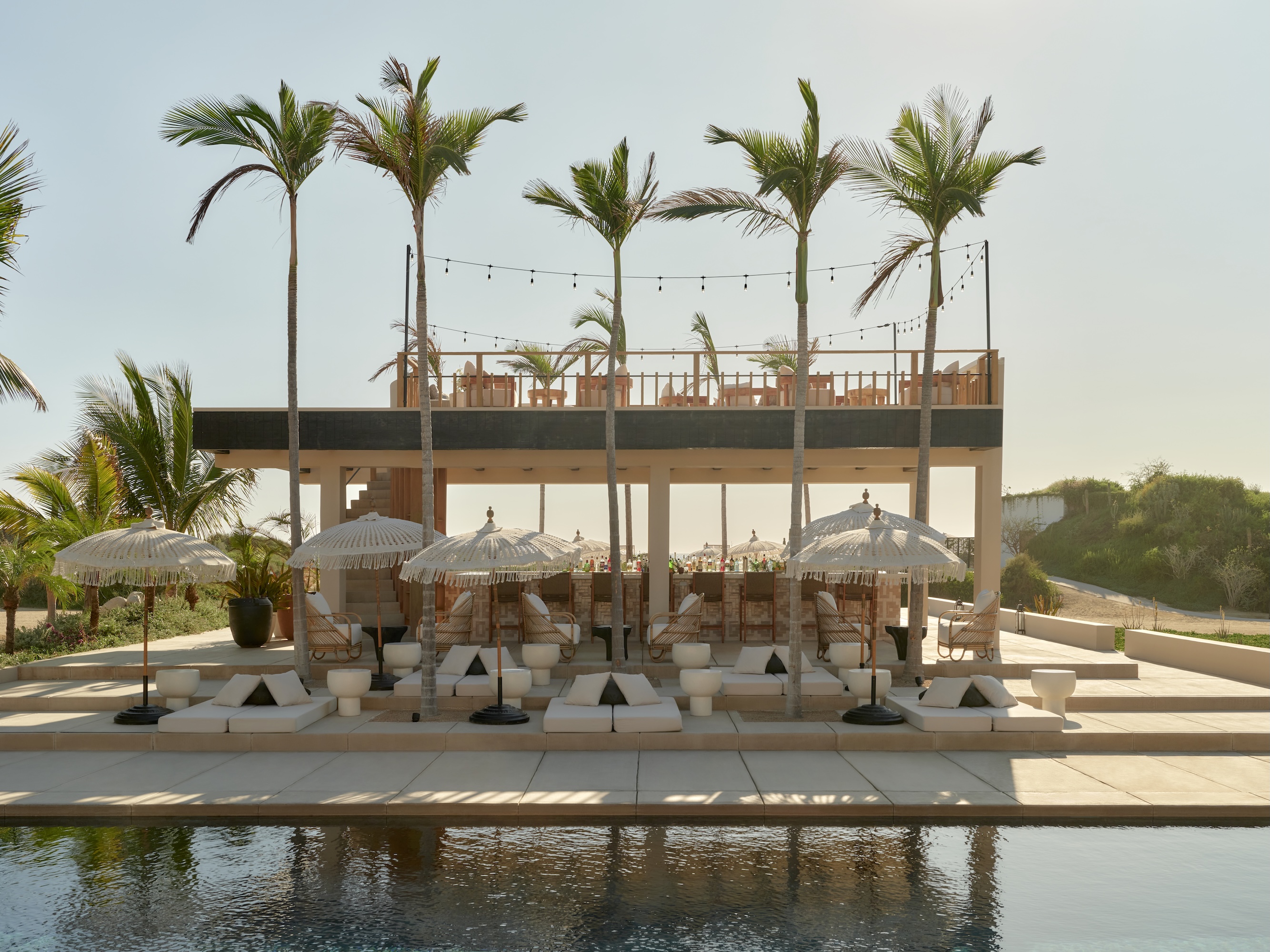 a pool with palm trees and chairs and umbrellas