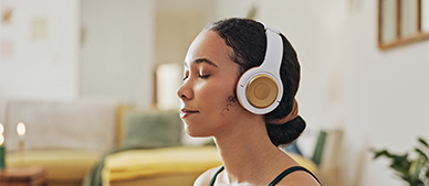 a woman with headphones on