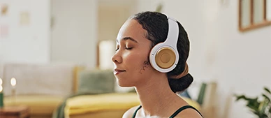 a woman with headphones on