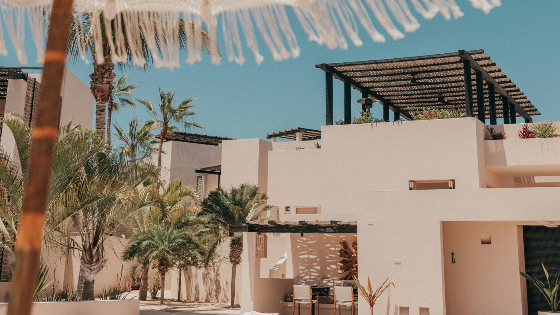 a white building with palm trees and chairs