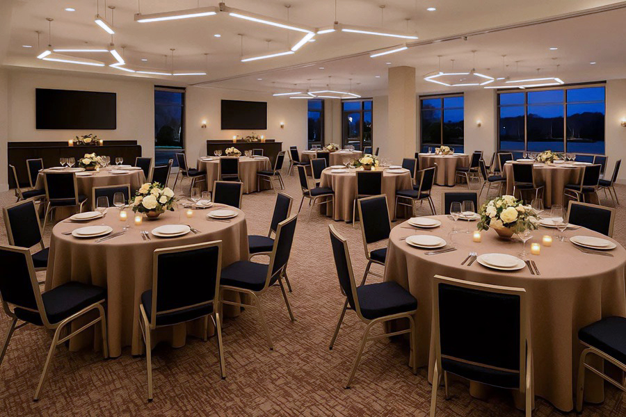 a room with tables and chairs