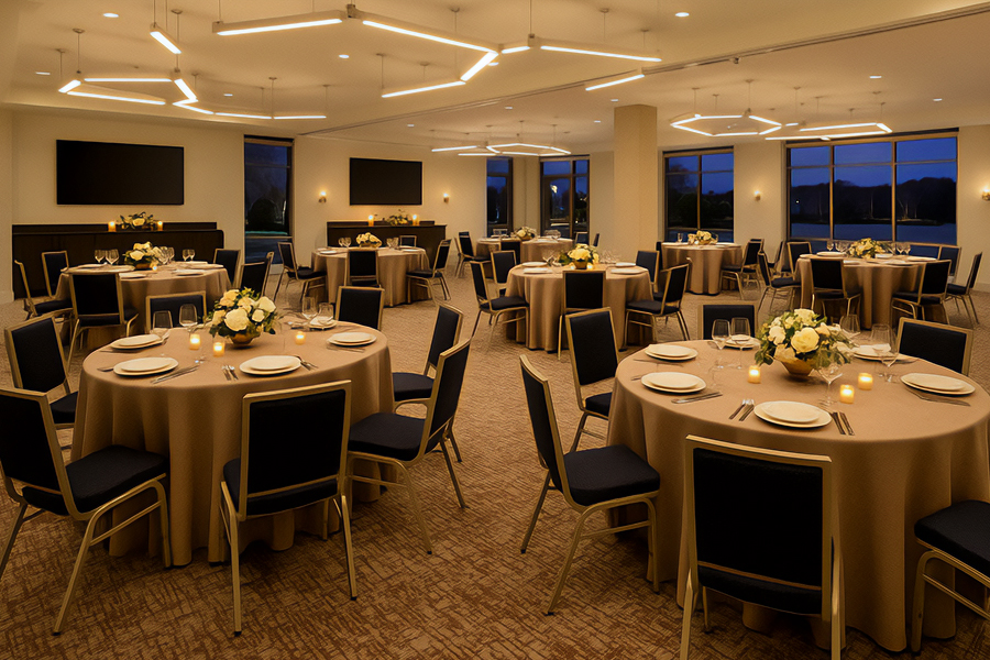 a room with tables and chairs