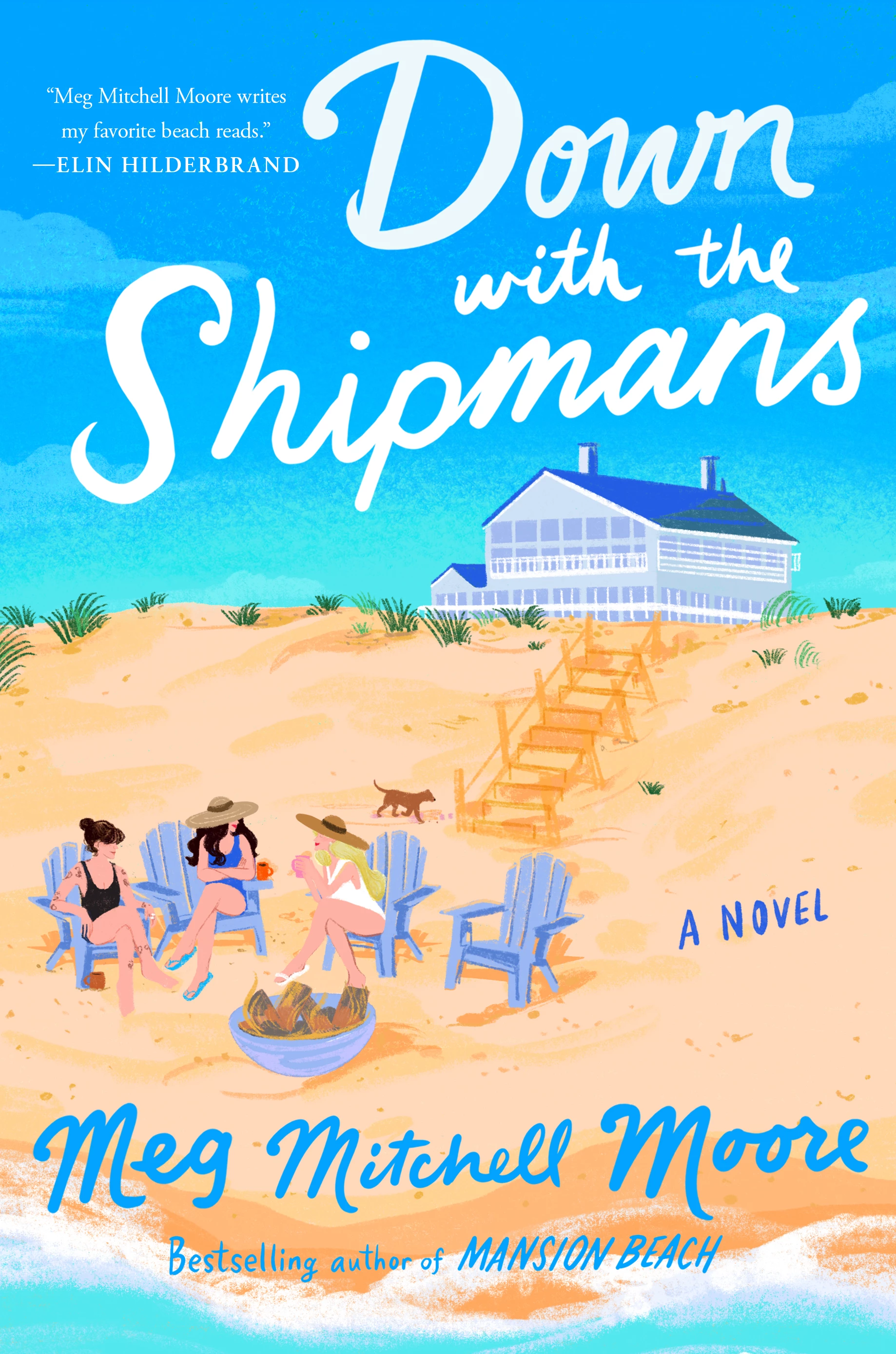 a book cover with a house and people sitting in chairs on a beach