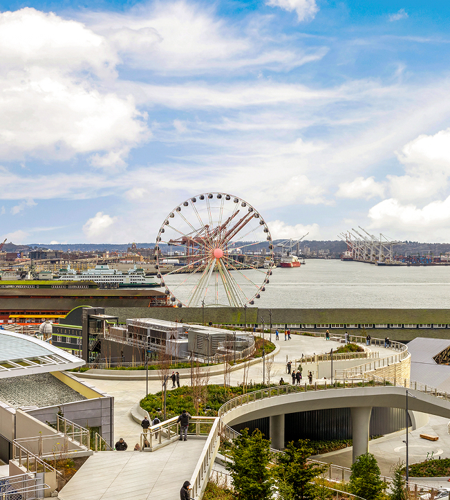 a ferris wheel next to a body of water