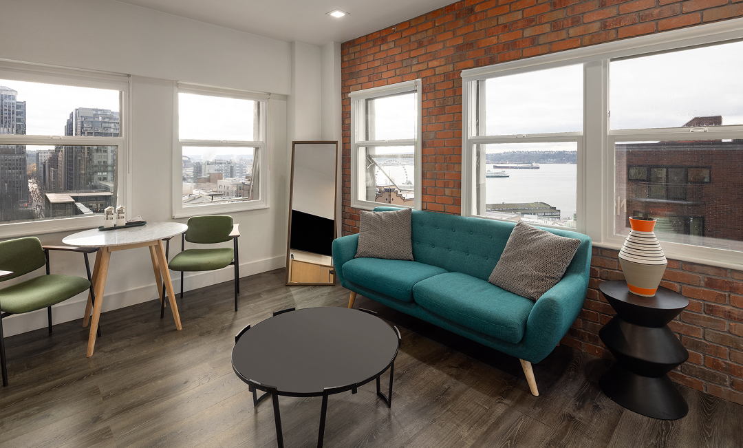 a room with a couch and a table