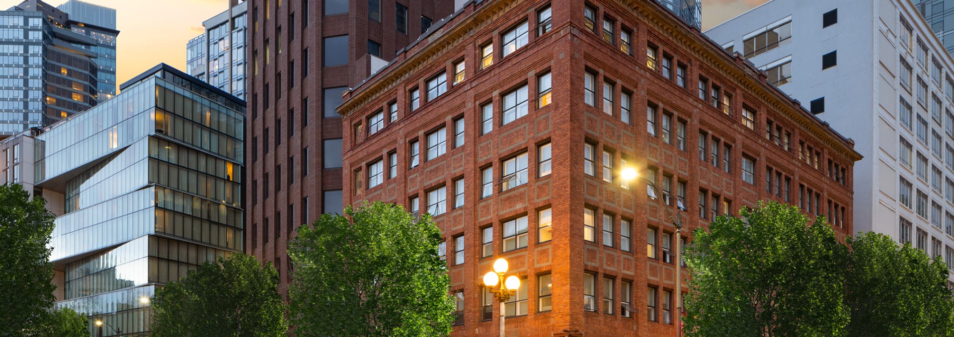 a building with many windows and a tree