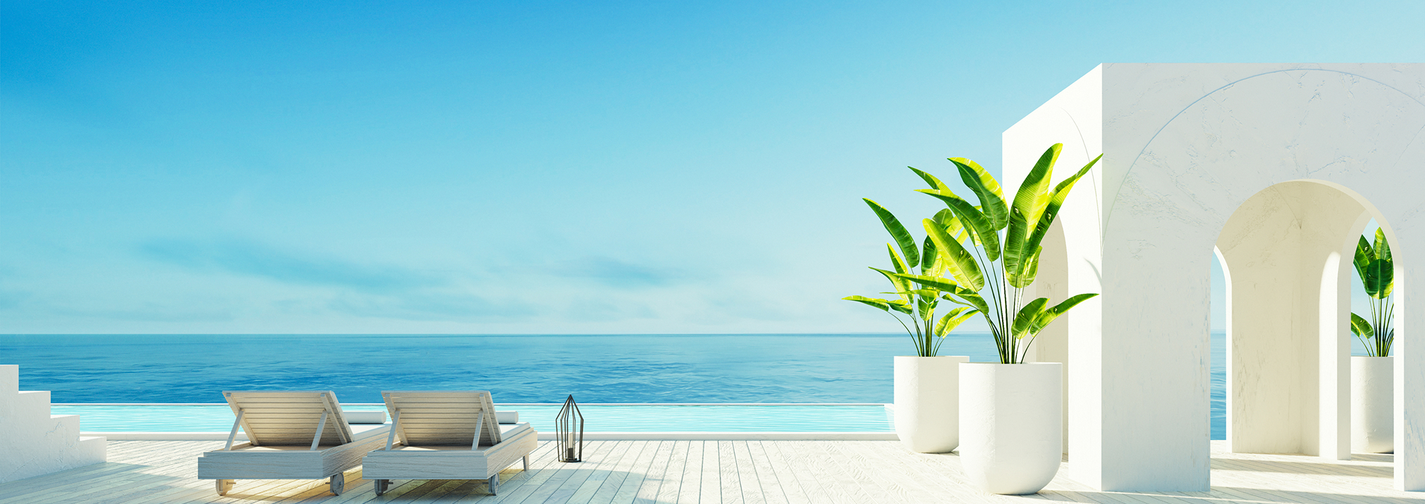 a deck with a pool and chairs and a large plant