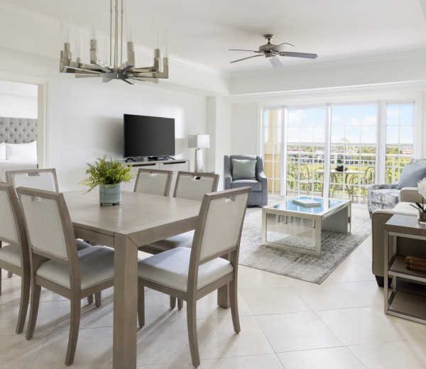 a dining room with a large window