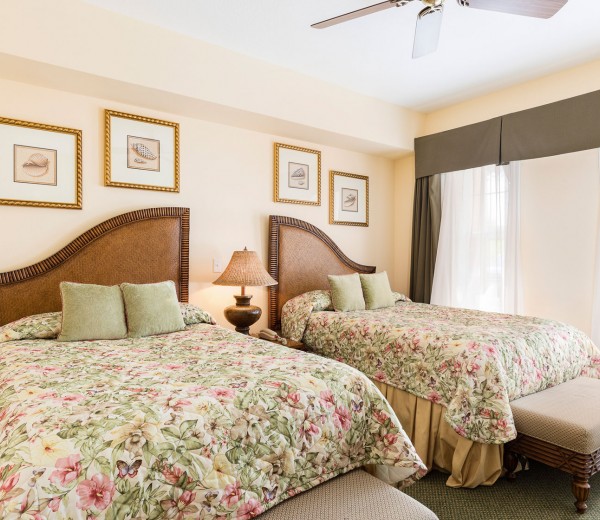 two beds with palm tree comforters an overhead fan