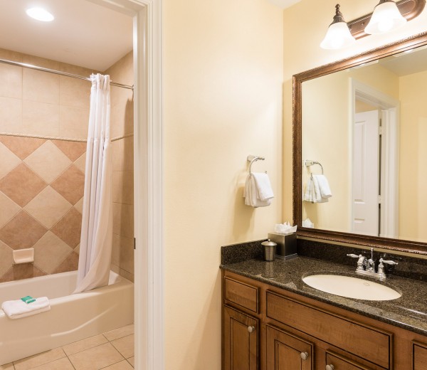 bathroom with bathtub and dark sink