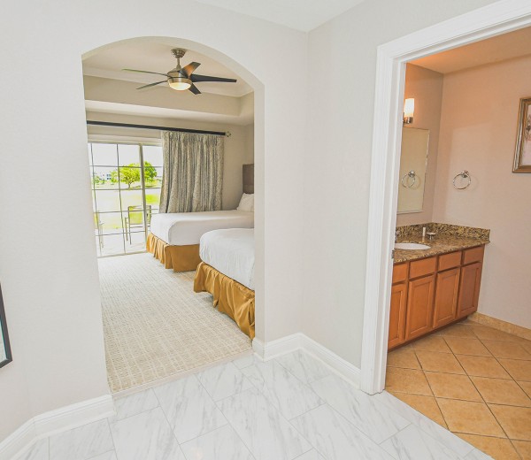 a bathroom with a large mirror
