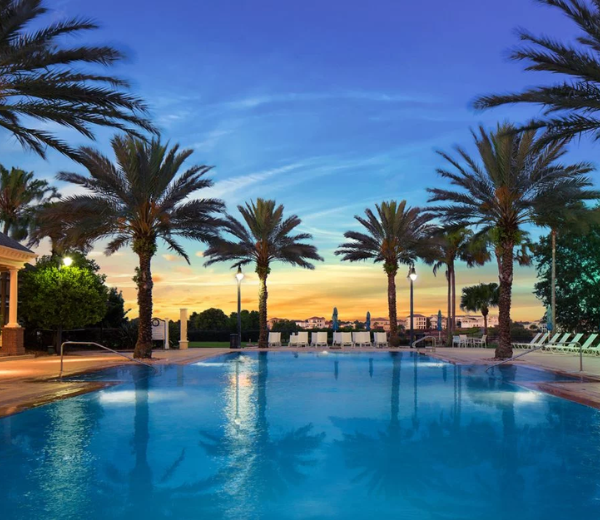 A pool with palm trees and a sunset in the background