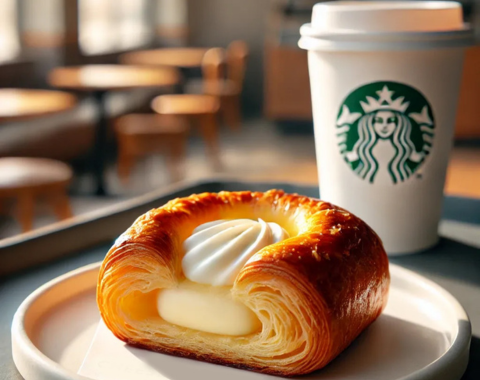 a pastry with cream on top and a cup of coffee