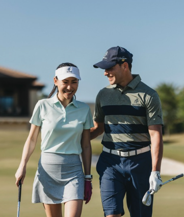 a man and woman holding golf clubs