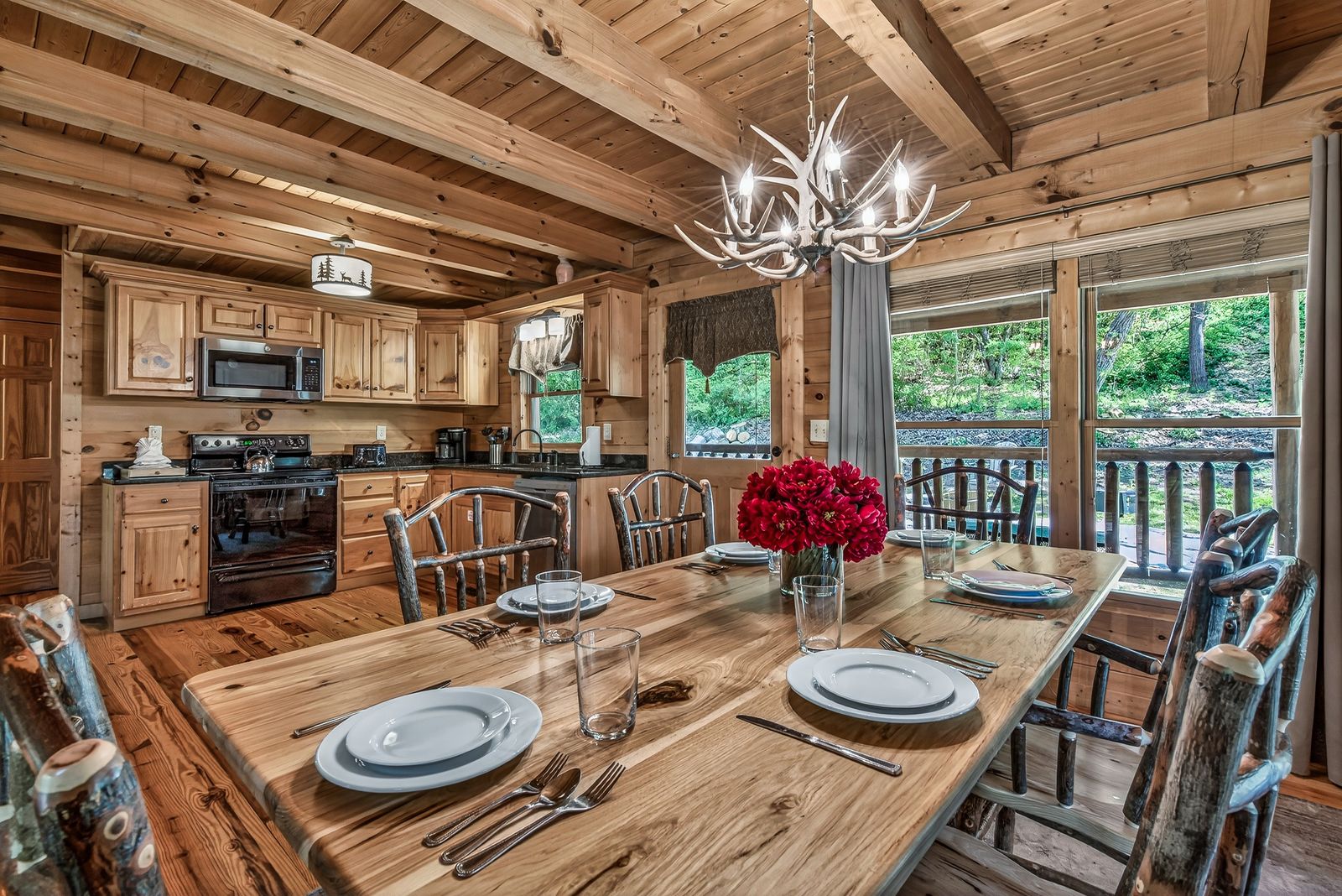 a dining table in a log cabin