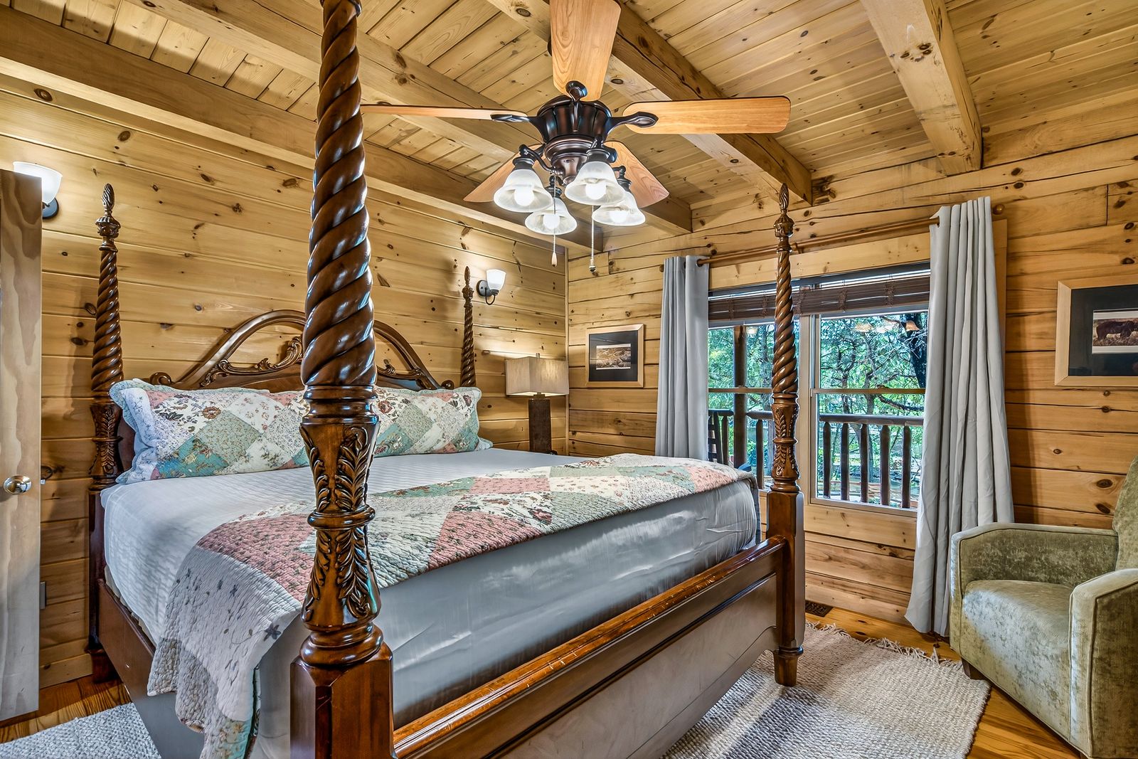 a wooden bed in a log cabin