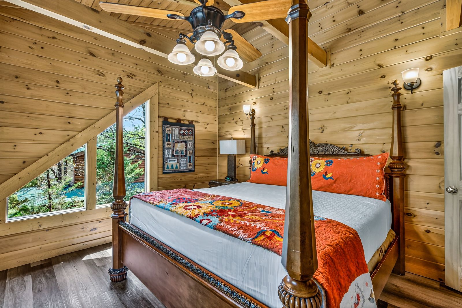 a bed in a log cabin