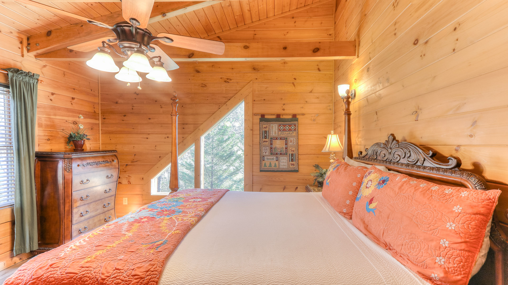 a bed in a log cabin
